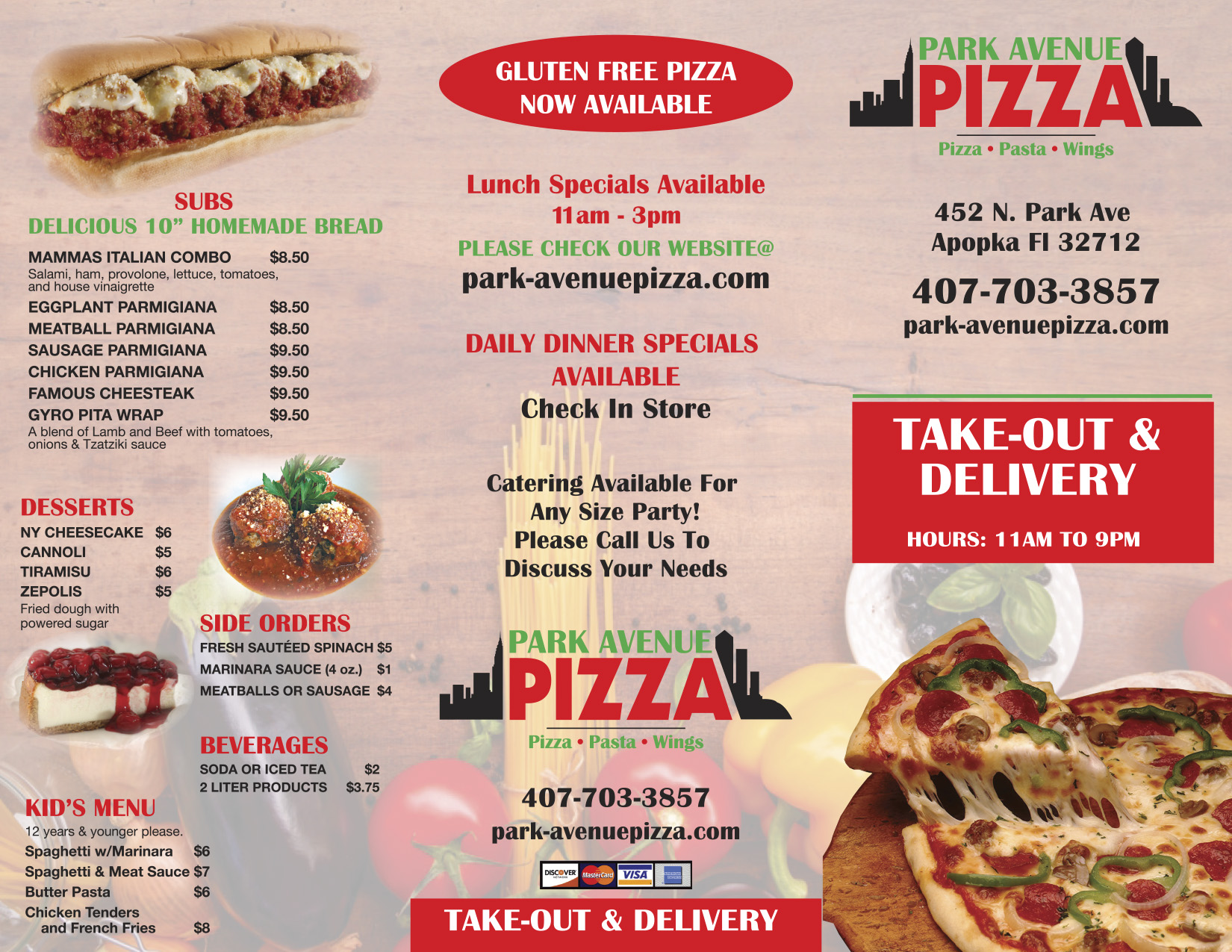 Park Avenue Pizza Apopka Menu Featuring Subs and Desserts